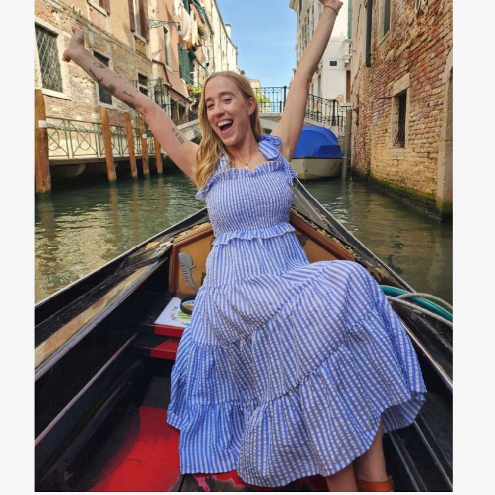 Striped Blue White Midi Dress Tie Straps Shirred Ruffle Detail - Picture 7 of 16